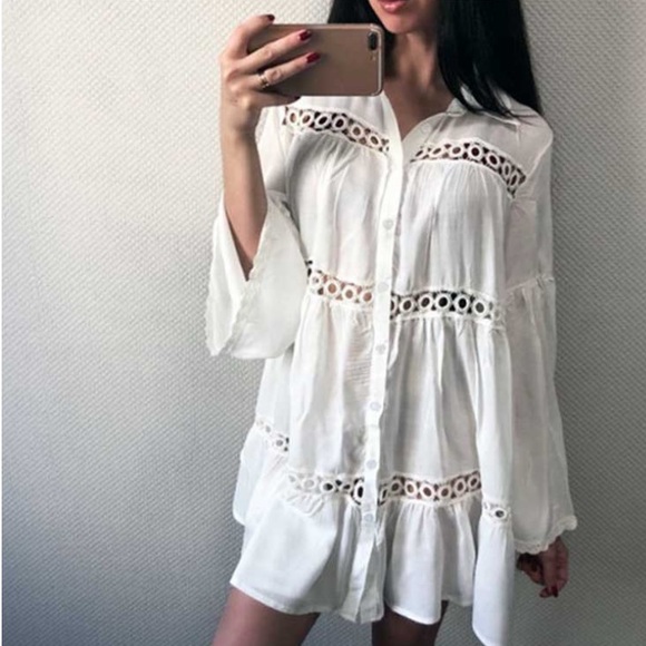 White Boho Button Up Long Sleeve Coverup Top - Picture 5 of 5